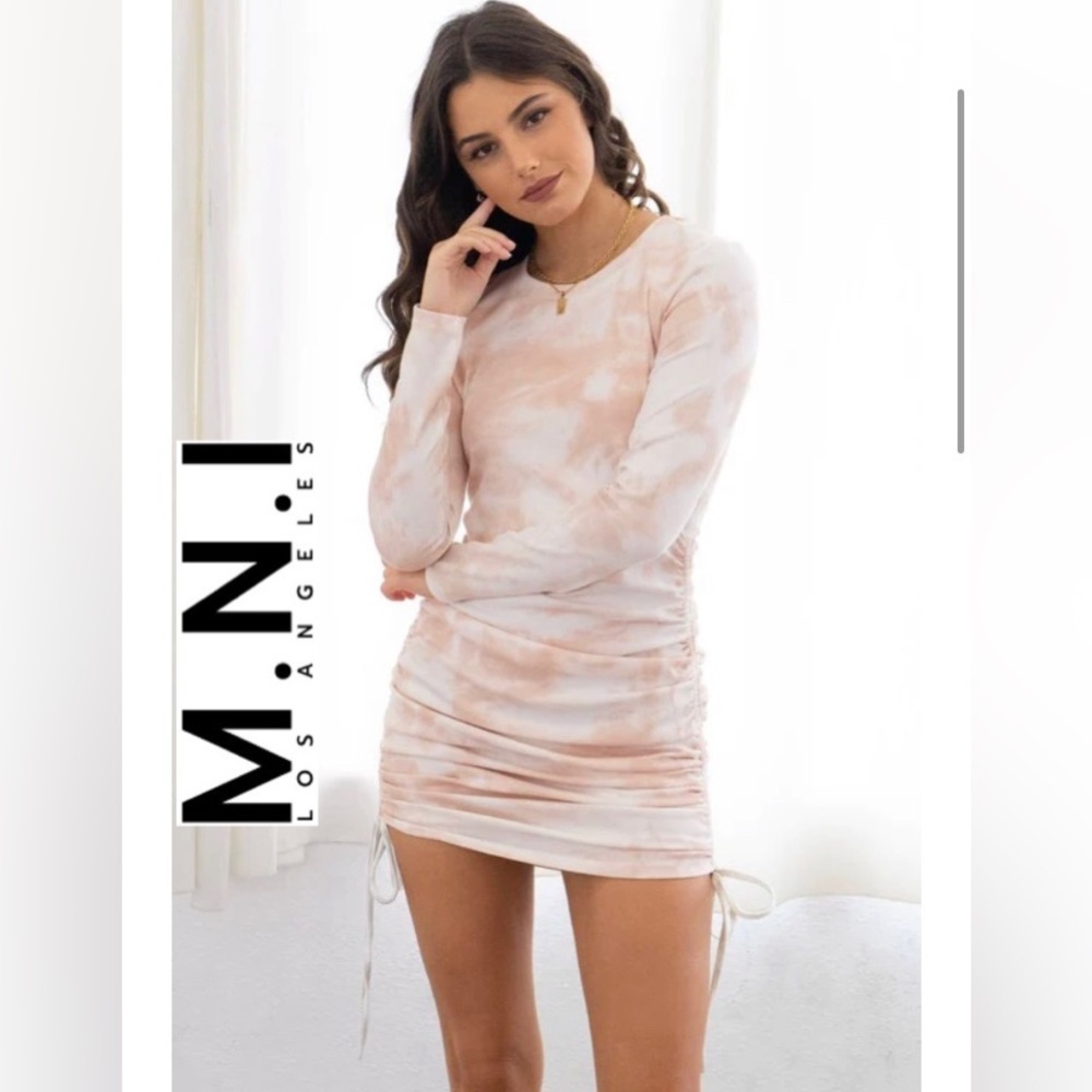 M.N.I Los Angeles Tie Dye Long Sleeve Drawstring Ruched Bodycon Mini Dress